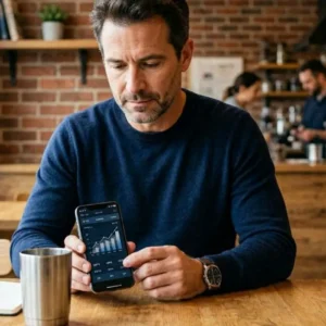 Professional financial editorial image showing a modern American saver using a banking app displaying high-yield savings growth