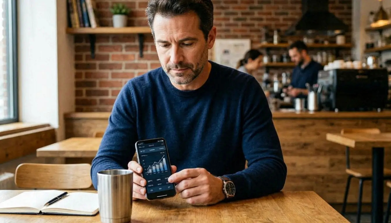 Professional financial editorial image showing a modern American saver using a banking app displaying high-yield savings growth