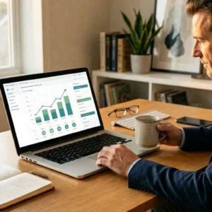 merican professional reviewing online savings account dashboard on laptop with growth chart visible
