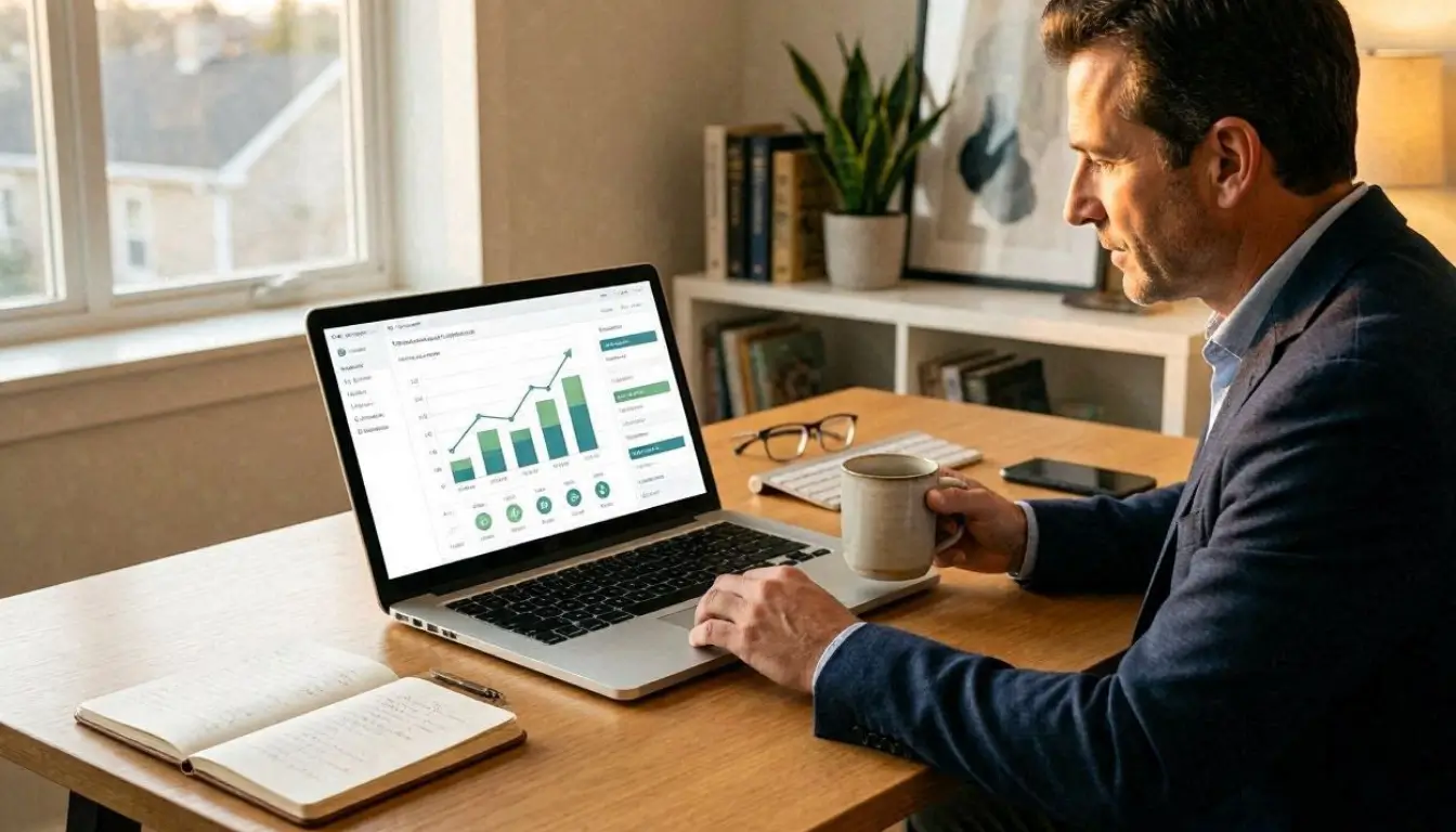 merican professional reviewing online savings account dashboard on laptop with growth chart visible