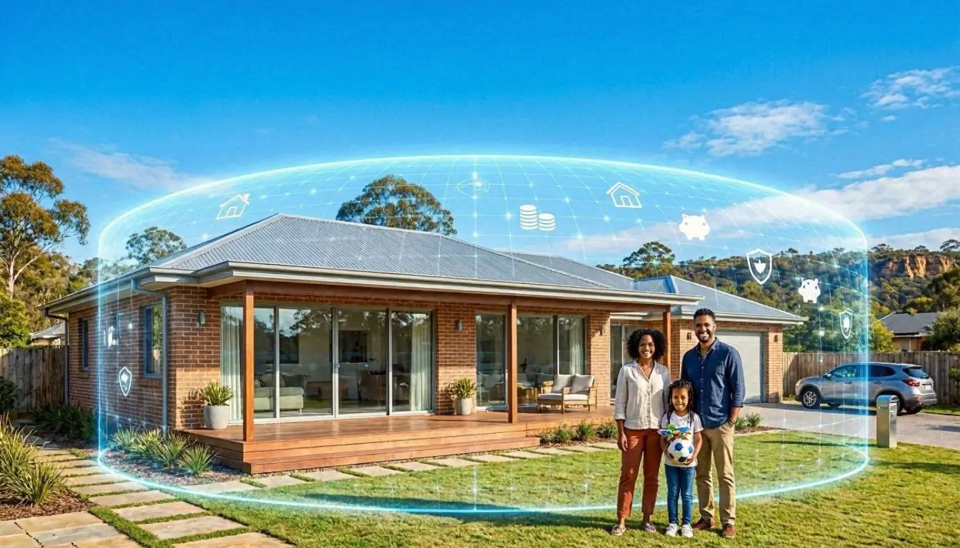 beautiful modern Australian family home protected by a transparent digital shield. Include a happy family,