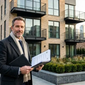 Professional Canadian landlord standing in front of a modern rental property, reviewing insurance documents with confidence,