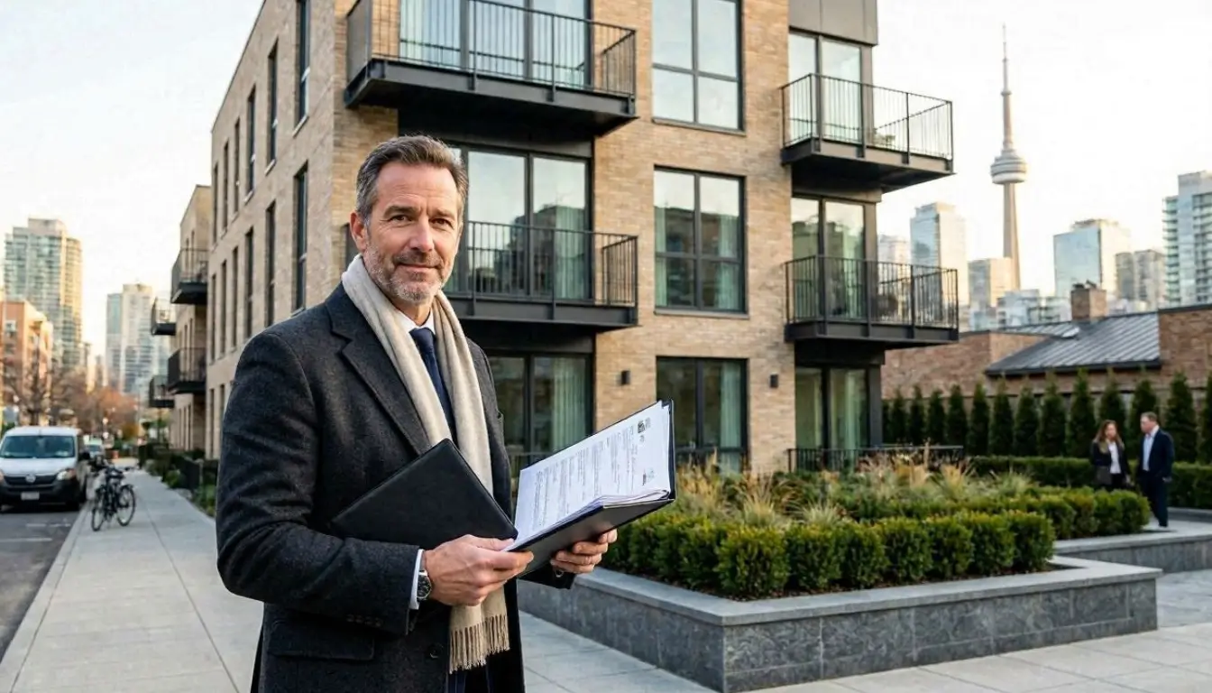 Professional Canadian landlord standing in front of a modern rental property, reviewing insurance documents with confidence,