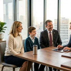 A professional Canadian family meeting with a financial advisor to discuss life insurance coverage