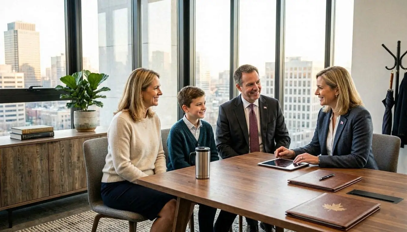 A professional Canadian family meeting with a financial advisor to discuss life insurance coverage