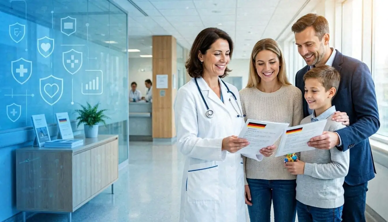 doctor in a modern German hospital beside a happy family reviewing health insurance documents