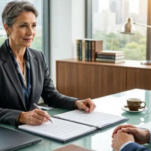 Professional consultant reviewing liability insurance policy in a modern office