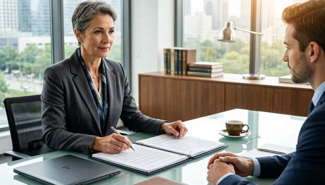 Professional consultant reviewing liability insurance policy in a modern office