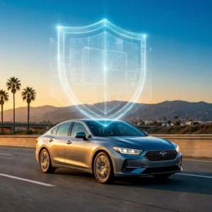 Professional American auto insurance concept, California highway at sunset