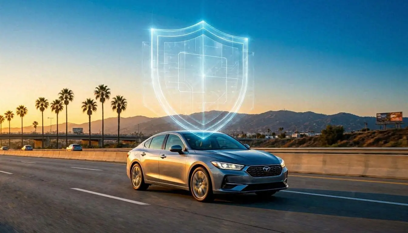 Professional American auto insurance concept, California highway at sunset
