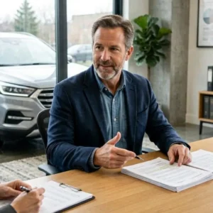 American driver reviewing SR-22 insurance documents beside a modern vehicle