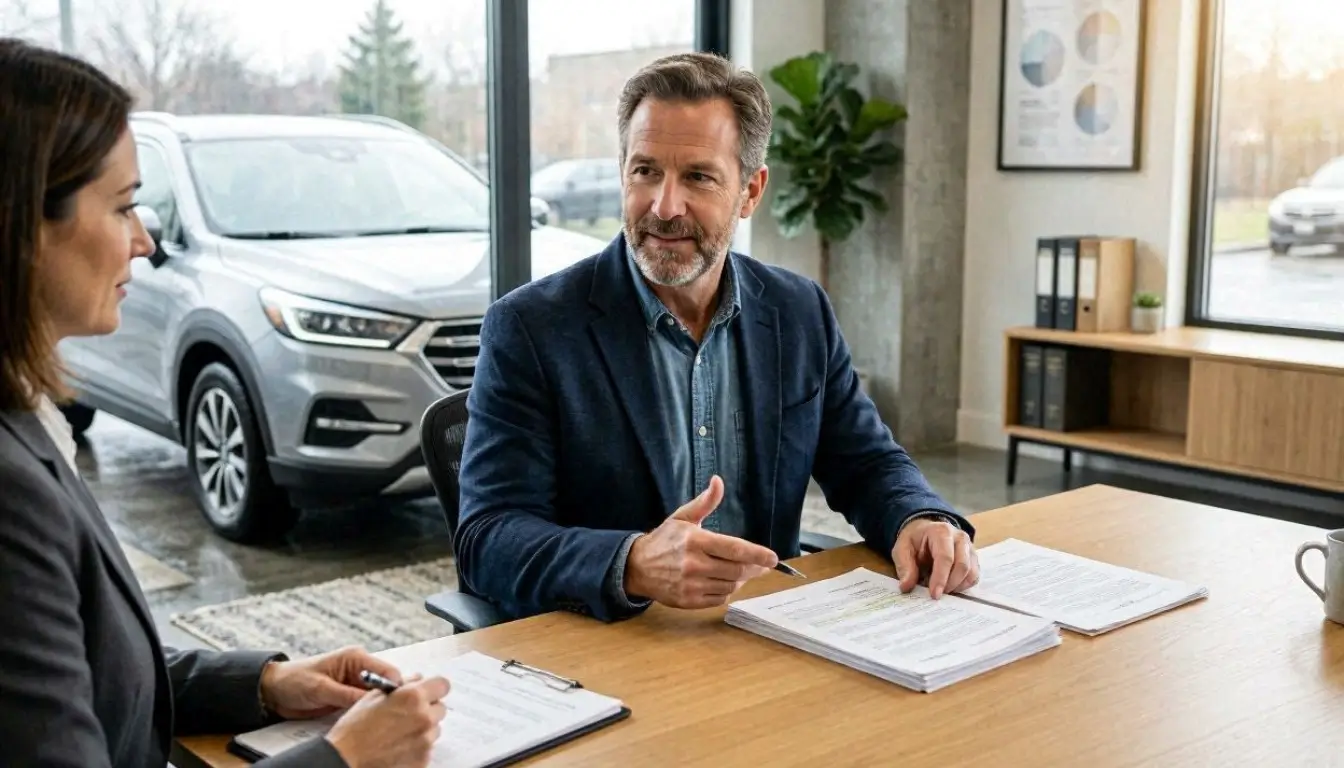 American driver reviewing SR-22 insurance documents beside a modern vehicle