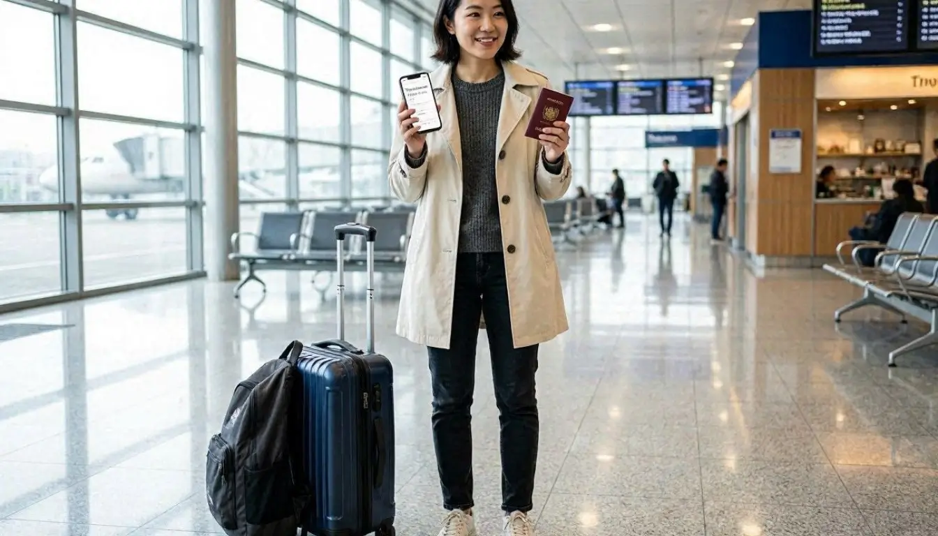 Professional editorial travel image, 16:9 format. Young traveler at airport holding passport and suitcase while reviewing insurance documents on smartphone