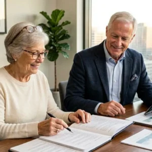 Happy senior American couple reviewing life insurance policy with financial advisor