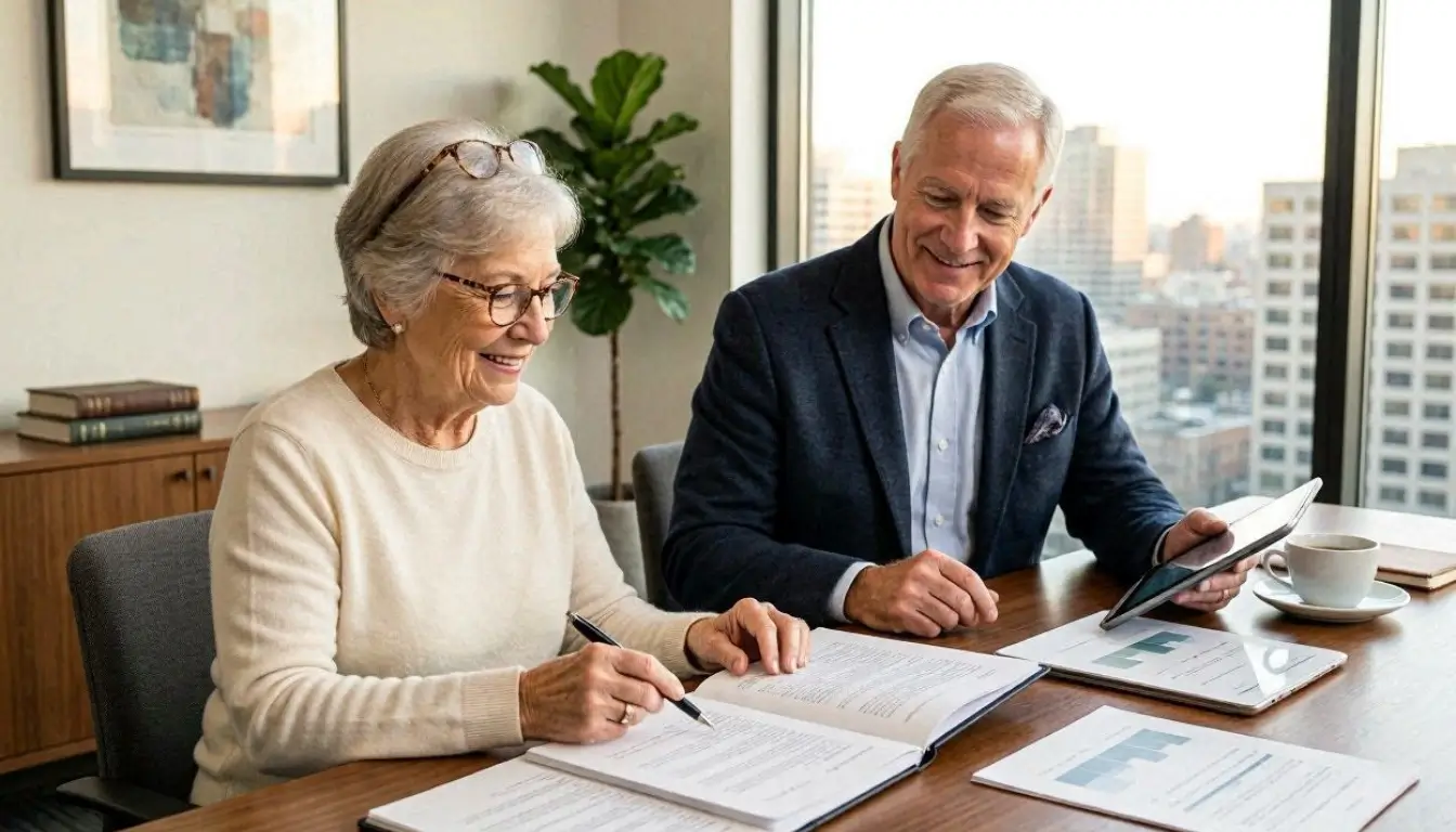 Happy senior American couple reviewing life insurance policy with financial advisor