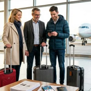 Canadian travelers at airport with luggage
