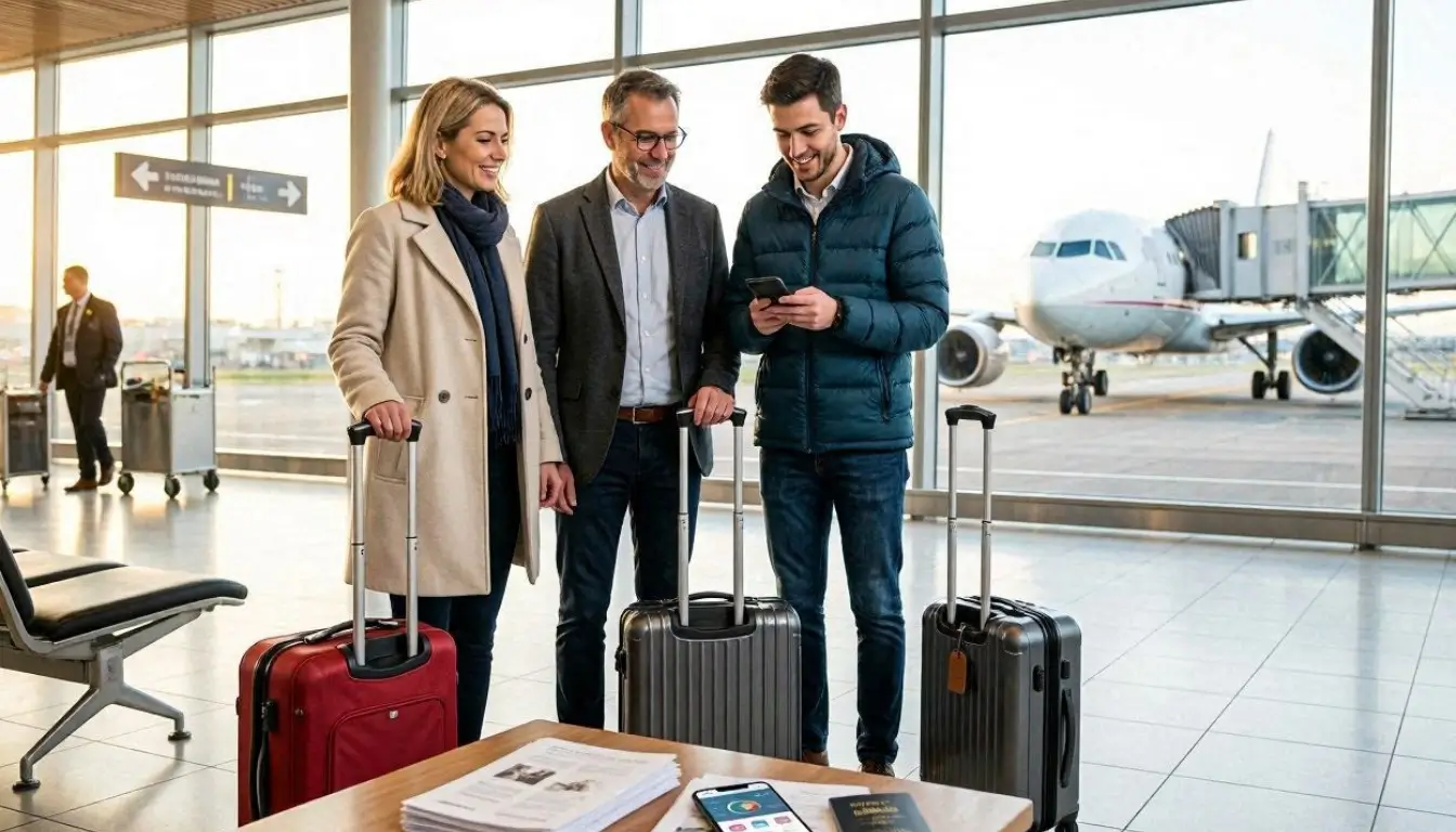 Canadian travelers at airport with luggage