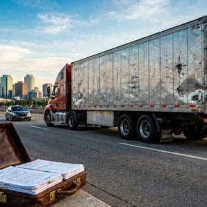 Professional editorial legal image, 16:9 wide format. Large commercial truck stopped after highway accident near Dallas skyline