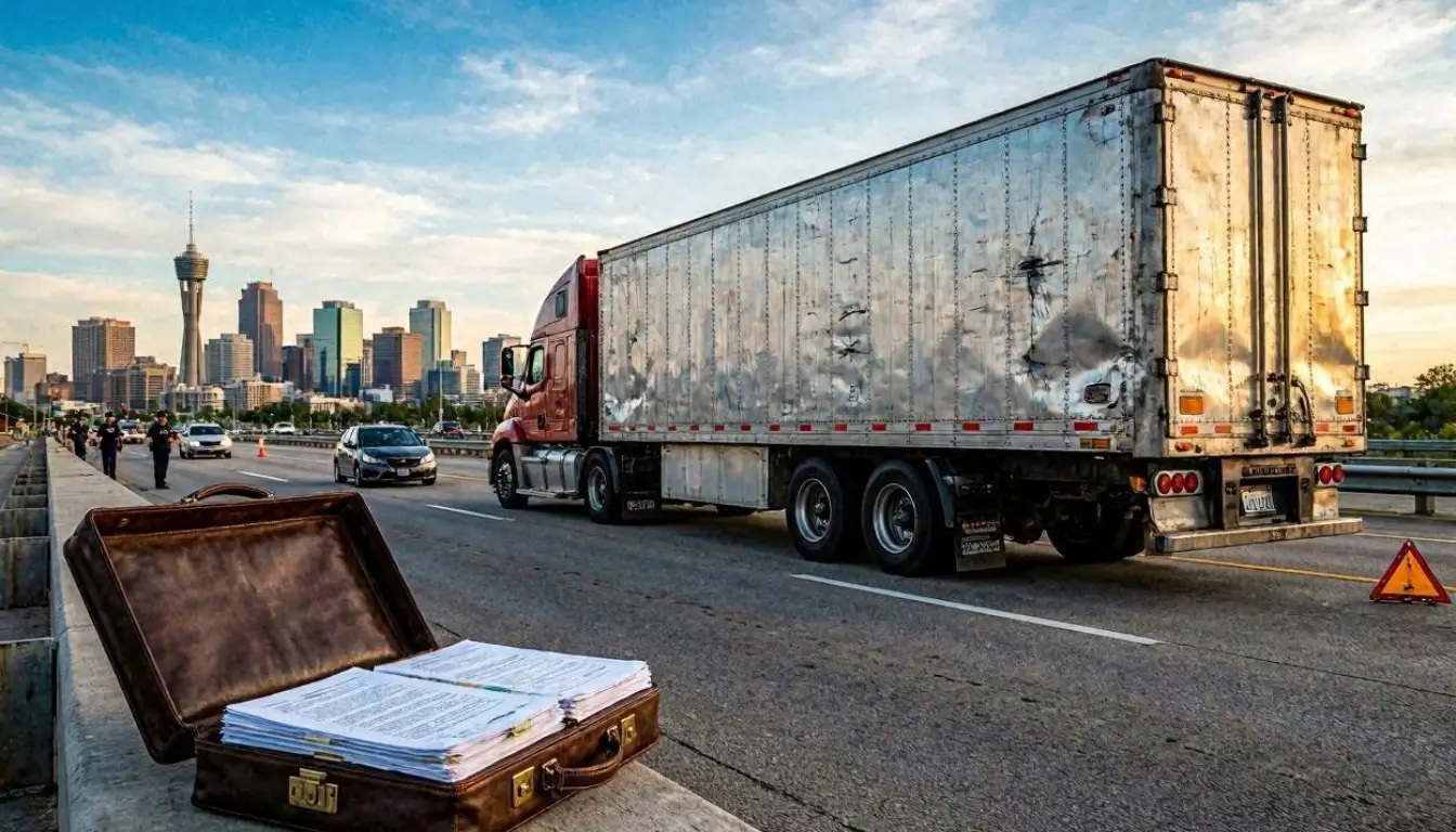 Professional editorial legal image, 16:9 wide format. Large commercial truck stopped after highway accident near Dallas skyline