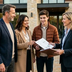 Professional editorial photography, ultra realistic, 16:9 format. Wealthy American suburban family standing in front of a luxury modern home while reviewing insurance documents with a professional advisor.