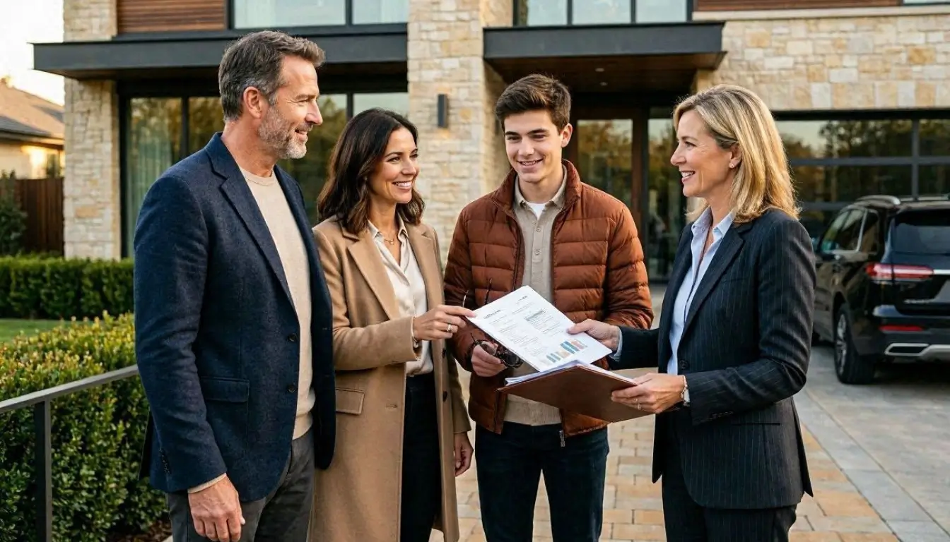 Professional editorial photography, ultra realistic, 16:9 format. Wealthy American suburban family standing in front of a luxury modern home while reviewing insurance documents with a professional advisor.