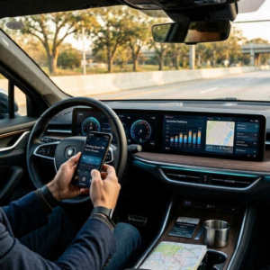 Ultra-realistic editorial style image of a modern driver using a smartphone telematics insurance app inside a luxury electric vehicle
