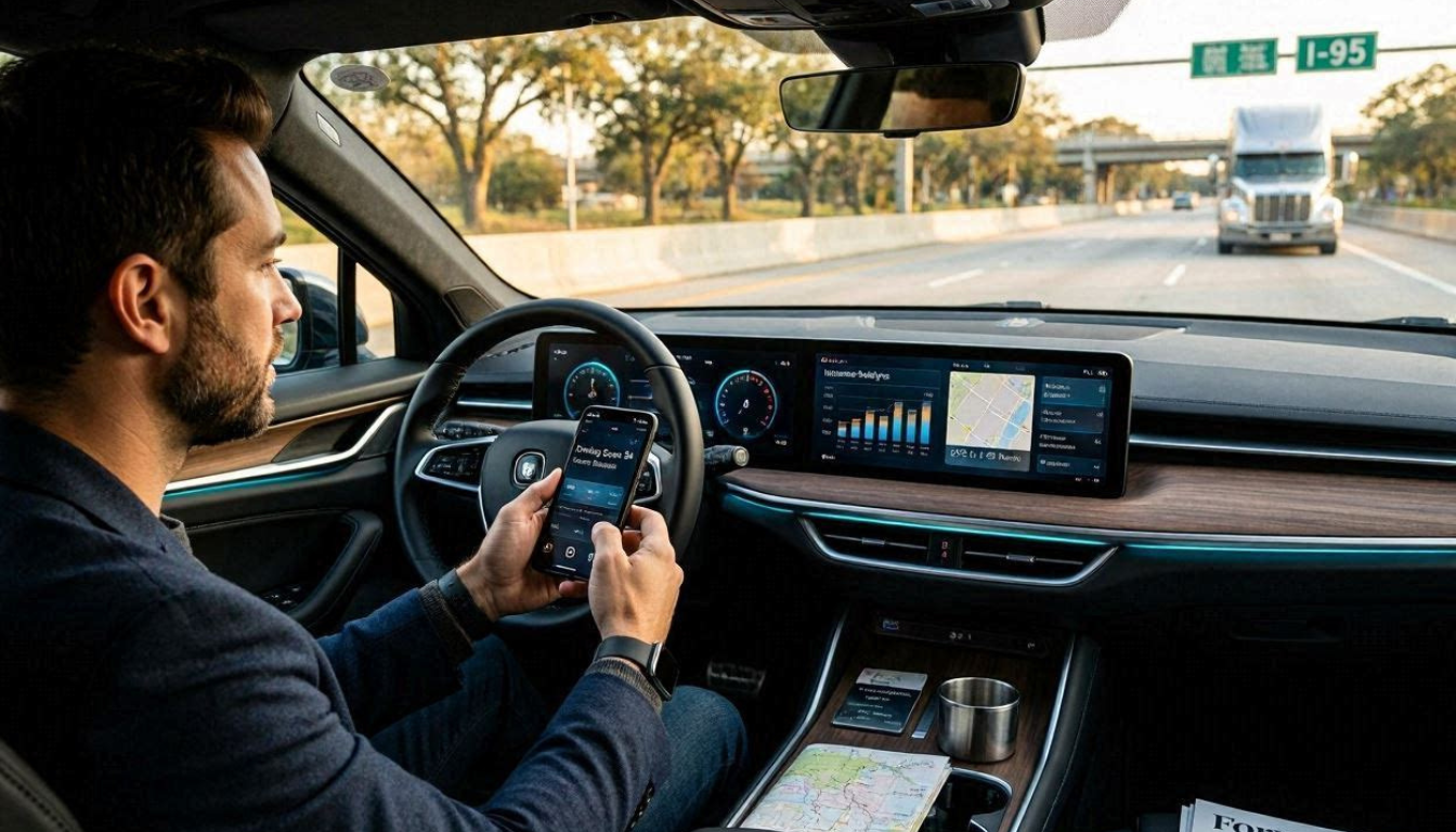Ultra-realistic editorial style image of a modern driver using a smartphone telematics insurance app inside a luxury electric vehicle