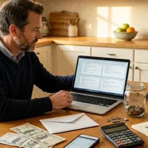 American homeowner comparing homeowners insurance quotes on laptop at kitchen table