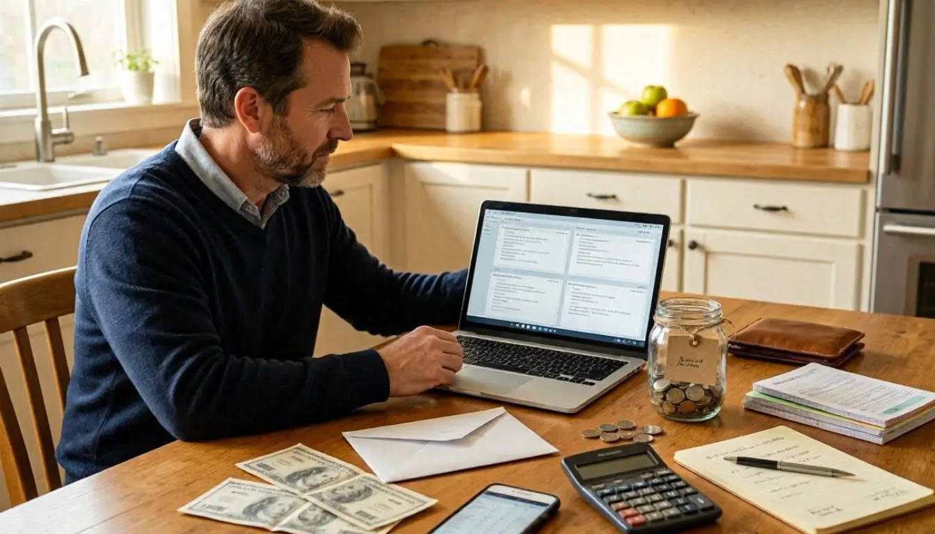 American homeowner comparing homeowners insurance quotes on laptop at kitchen table