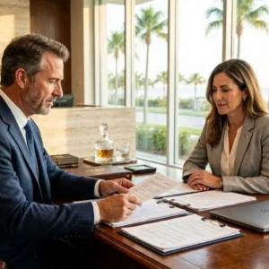 A professional medical malpractice lawyer in a modern Florida law office reviewing hospital documents with a client