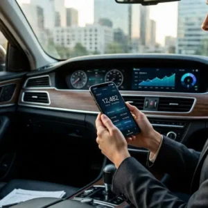 Ultra-realistic editorial image showing a modern American driver checking a pay-per-mile insurance app on a smartphone