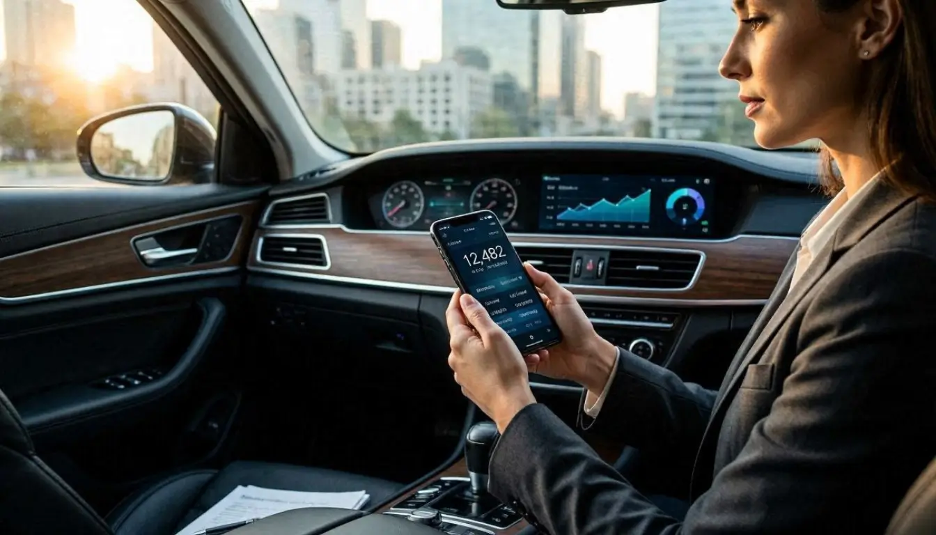 Ultra-realistic editorial image showing a modern American driver checking a pay-per-mile insurance app on a smartphone