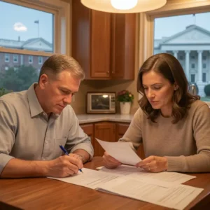 American couple reviewing mortgage documents at kitchen table, Federal Reserve building visible through window