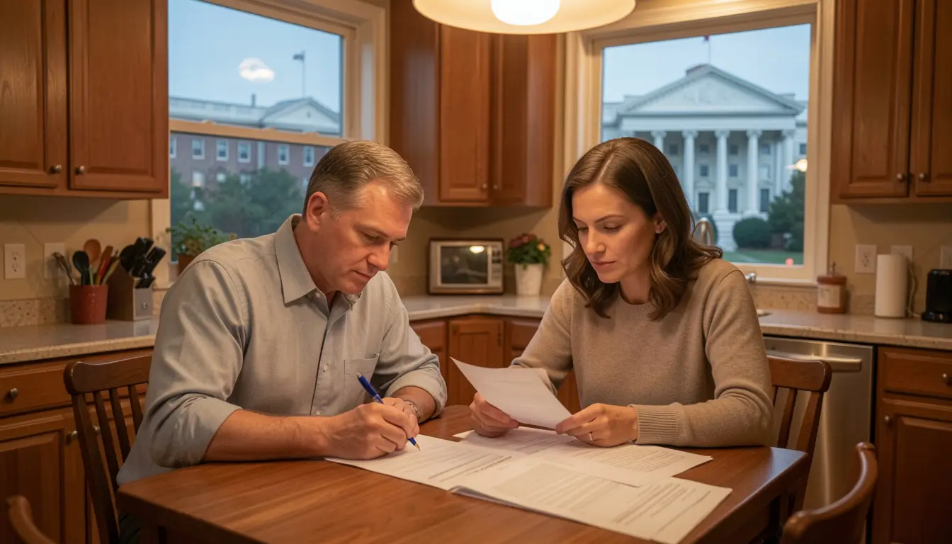 American couple reviewing mortgage documents at kitchen table, Federal Reserve building visible through window