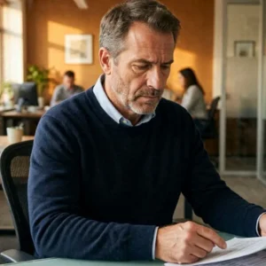 American employee looking concerned at retirement savings statement showing reduced employer contributions