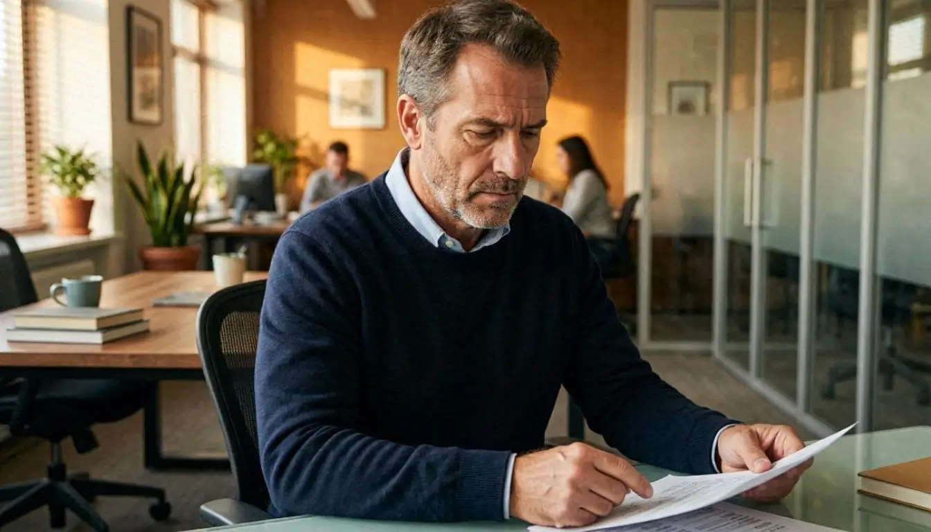 American employee looking concerned at retirement savings statement showing reduced employer contributions
