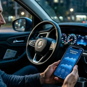 Ultra realistic American driver using Progressive Snapshot mobile insurance app inside a modern car at night