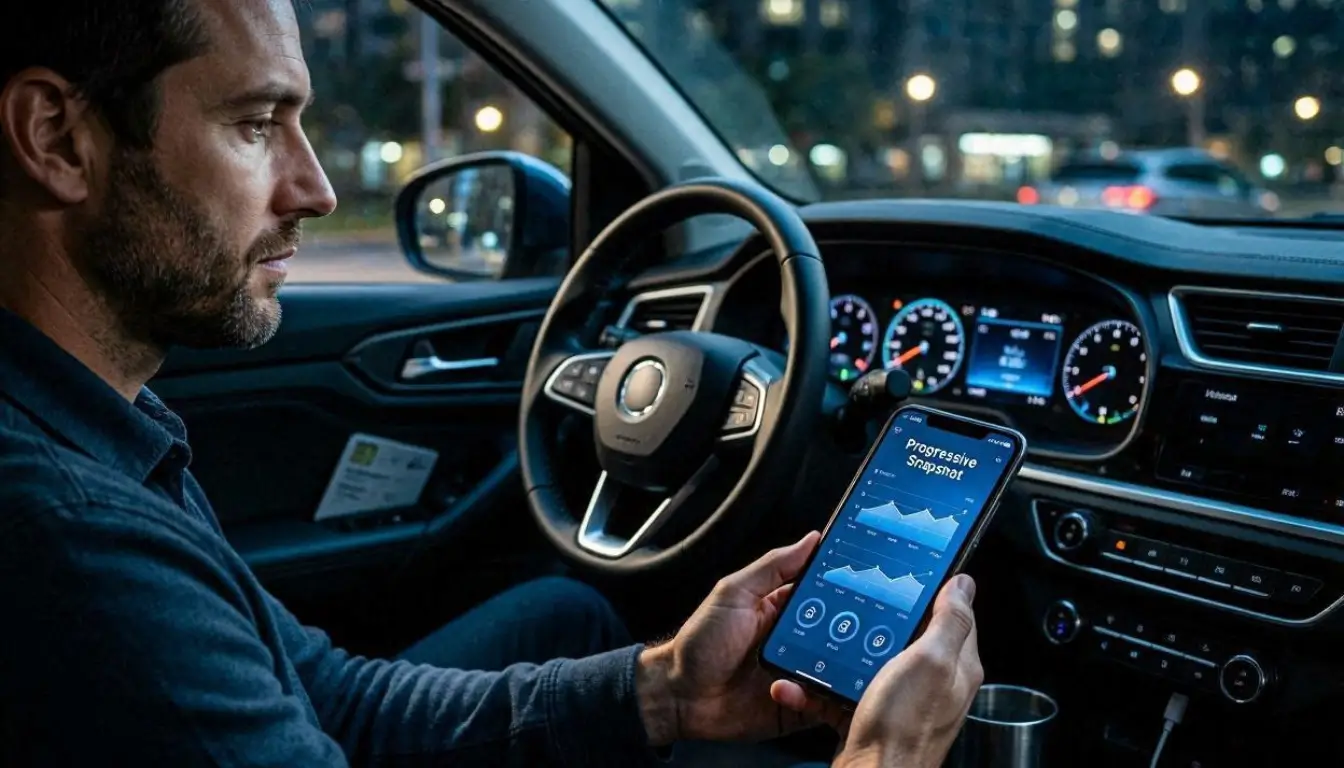 Ultra realistic American driver using Progressive Snapshot mobile insurance app inside a modern car at night
