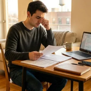 American college graduate reviewing student loan repayment plan documents on laptop