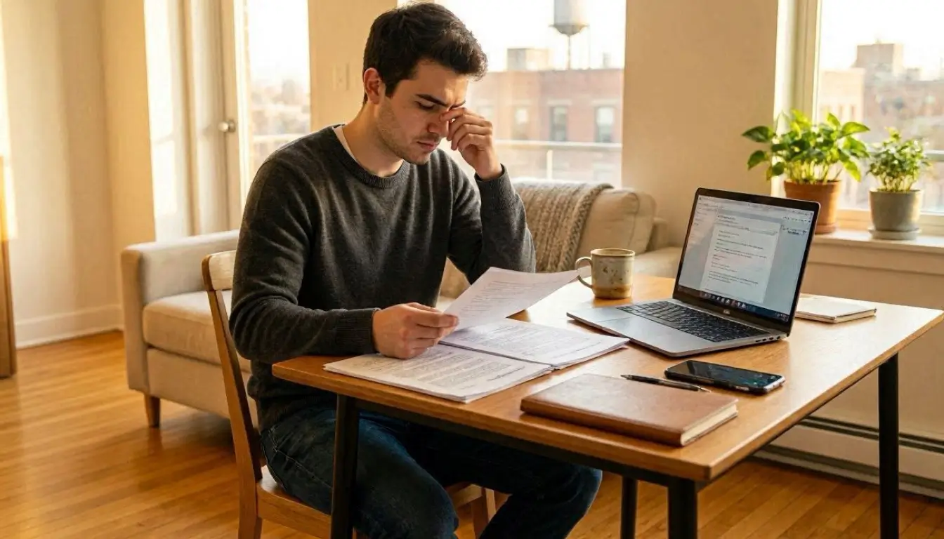 American college graduate reviewing student loan repayment plan documents on laptop