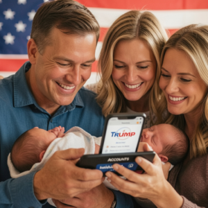 American family with newborn baby reviewing Trump Accounts app on smartphone, warm editorial lifestyle photography,
