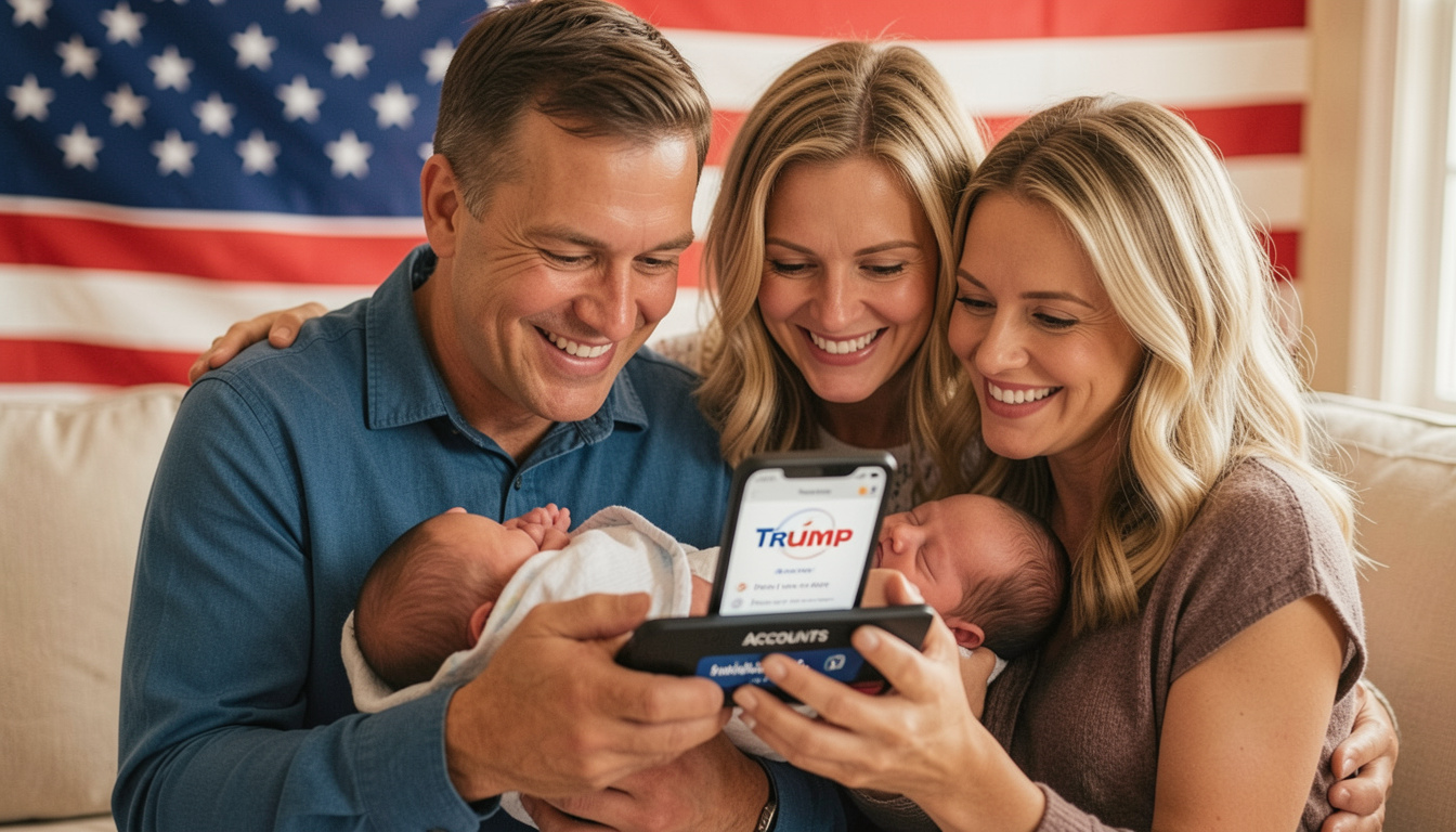 American family with newborn baby reviewing Trump Accounts app on smartphone, warm editorial lifestyle photography,