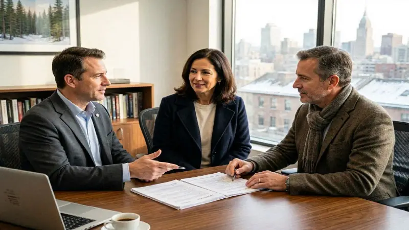 Canadian insurance advisor explaining no medical life insurance to a middle-aged couple,