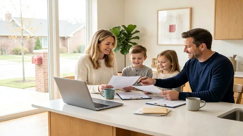 Young Canadian family with children discussing financial protection and life insurance planning, modern home environment