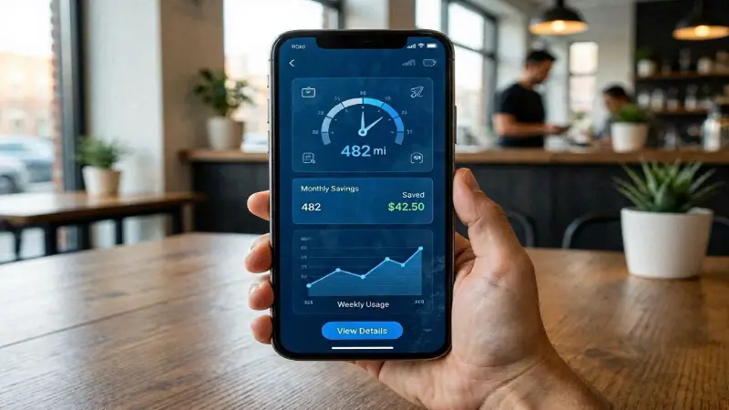 Smartphone displaying mileage-based insurance analytics and monthly savings