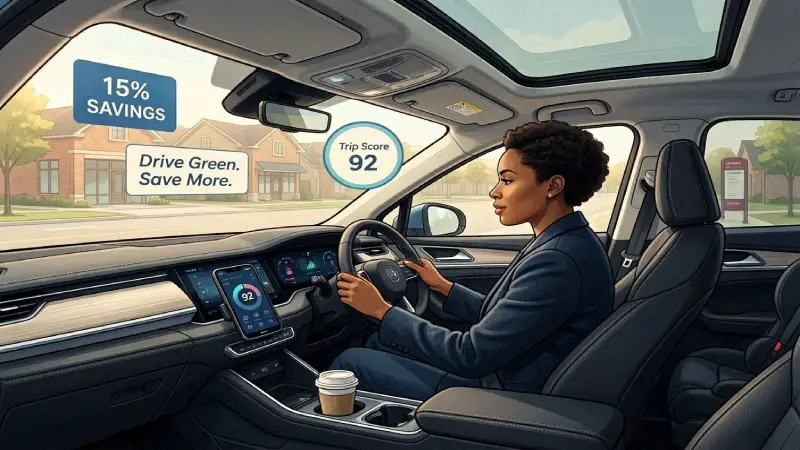 Safe driver using usage-based insurance mobile app while driving an electric SUV in the USA
