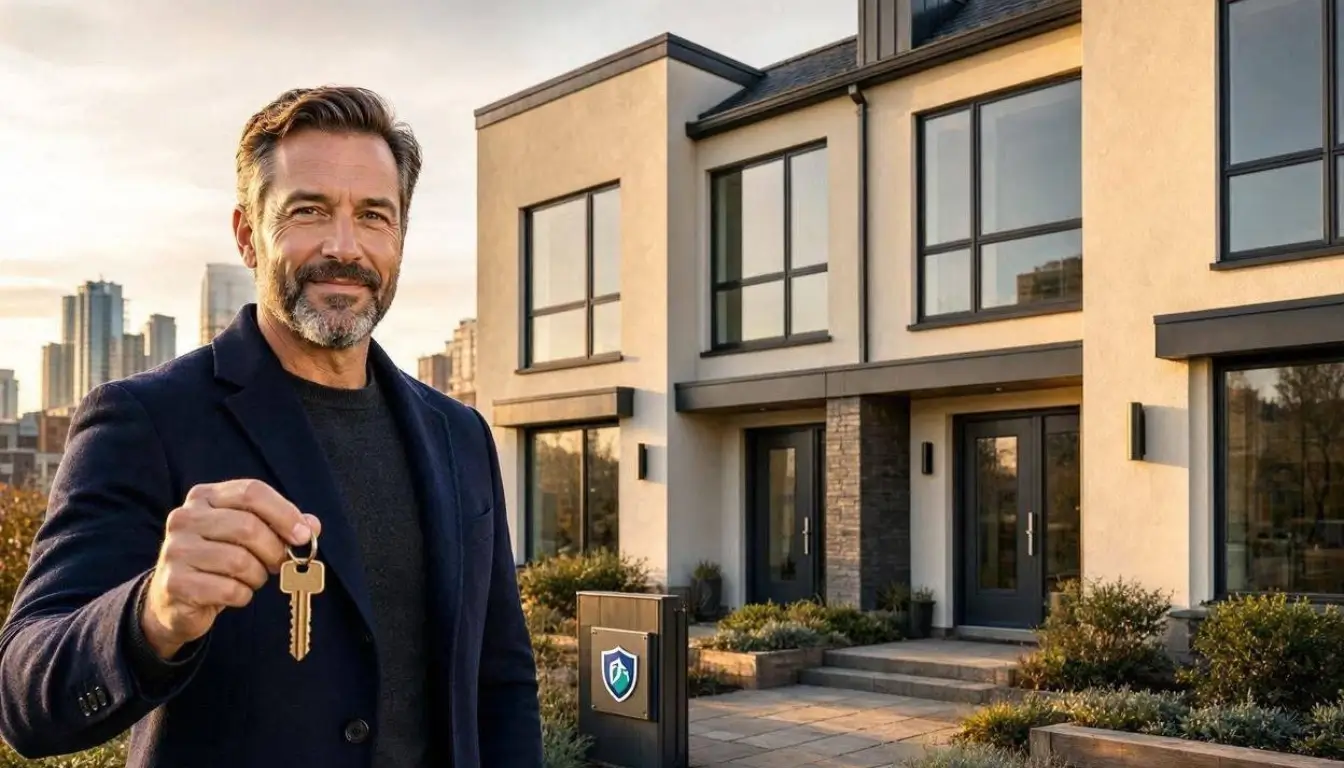 a modern Canadian rental duplex with a confident landlord holding house keys
