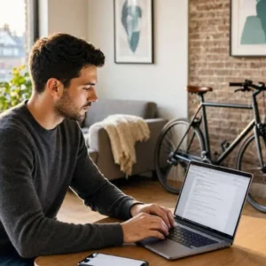 a young Canadian renter reviewing a Beneva-style tenant insurance policy on a laptop inside a modern Montreal apartment, personal belongings including a laptop, bicycle, smartphone and furniture visible in the background