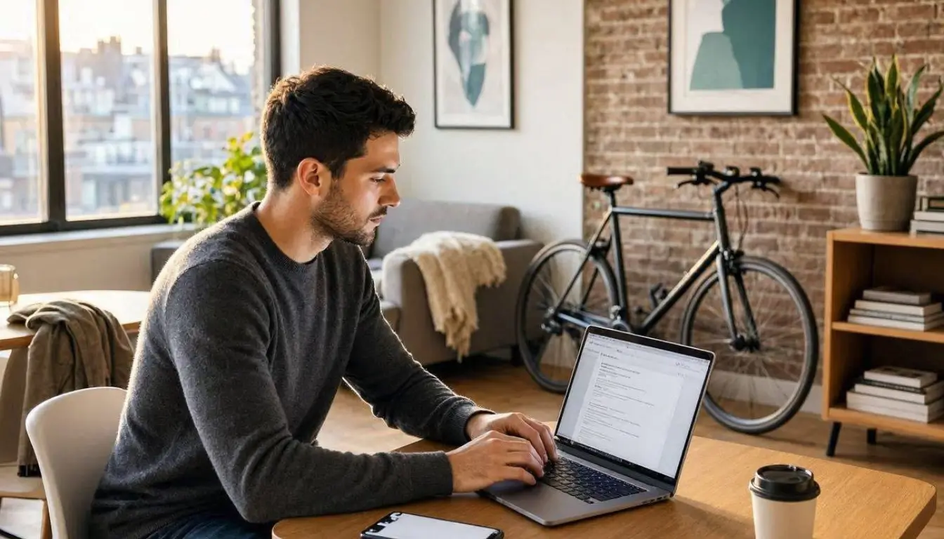 a young Canadian renter reviewing a Beneva-style tenant insurance policy on a laptop inside a modern Montreal apartment, personal belongings including a laptop, bicycle, smartphone and furniture visible in the background