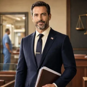 a confident American medical malpractice lawyer standing inside a modern courtroom, wearing an elegant navy suit while holding legal documents